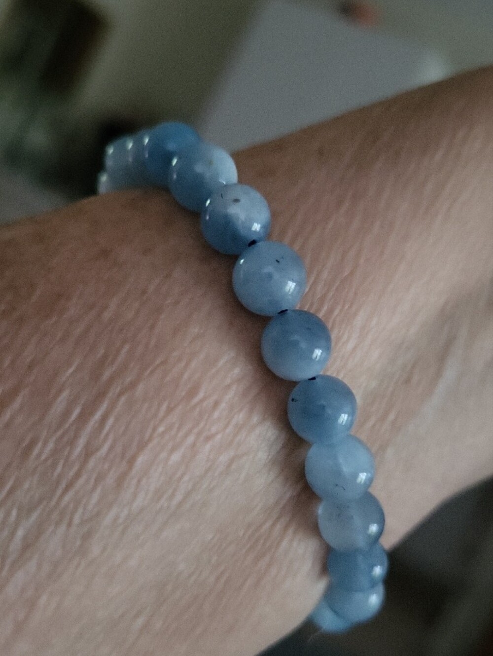 Hand Crafted Aquamarine Gemstone Beaded Stretch Bracelet with Art Bead Center - Picture 2 of 4